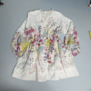 Let Me Be Cotton Woven Floral White V-Neck Balloon Sleeve Lace Button Blouse S